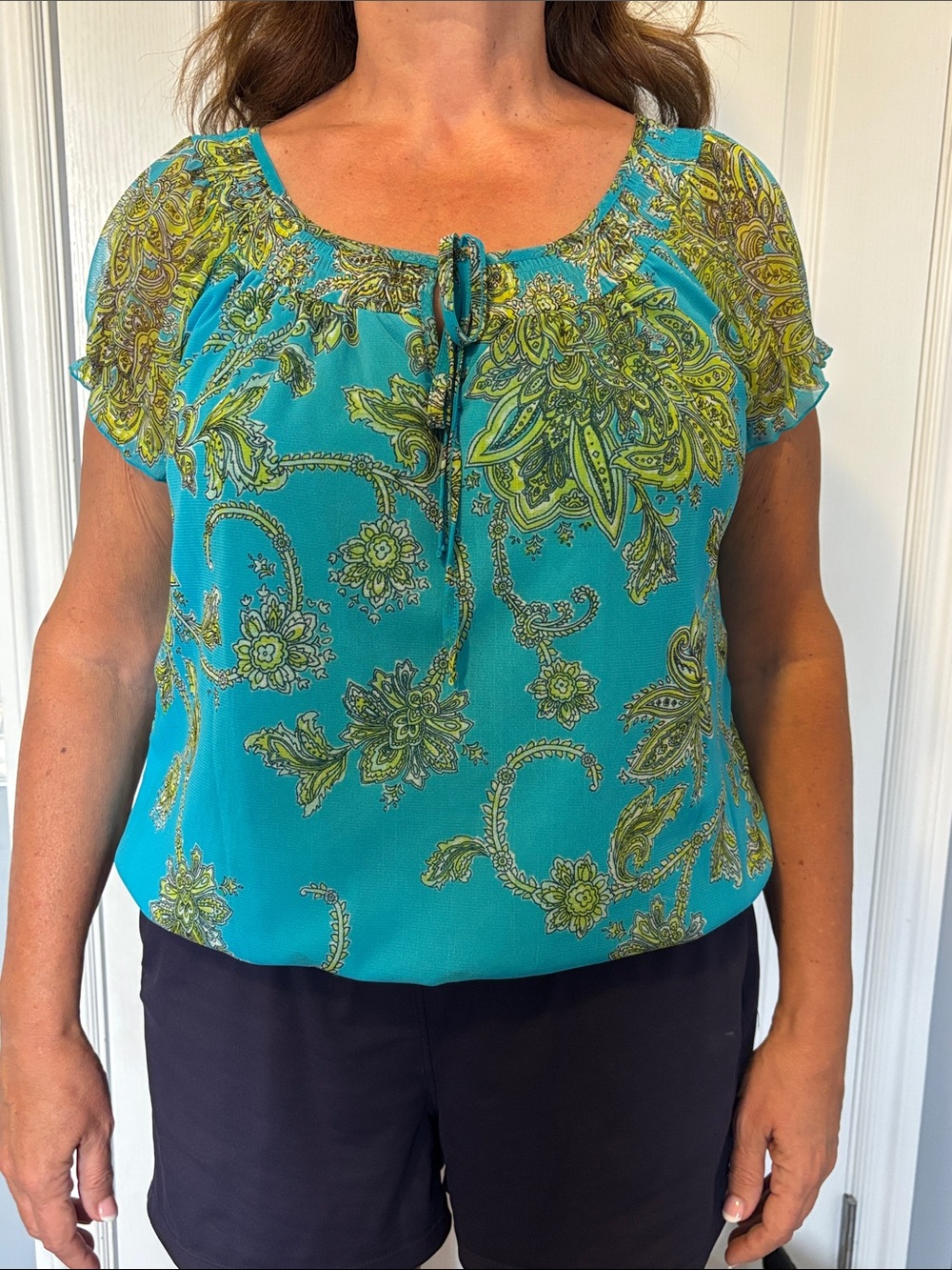 INC International Concepts Teal Paisley Tie-Front Blouse